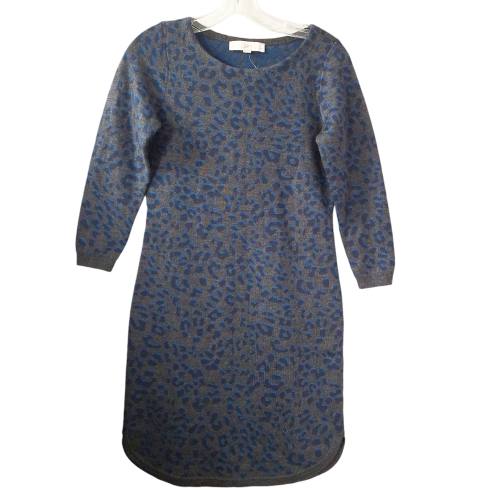 Loft Gray Blue Animal Print Round Hem Wool‎ Blend Sweater Dress